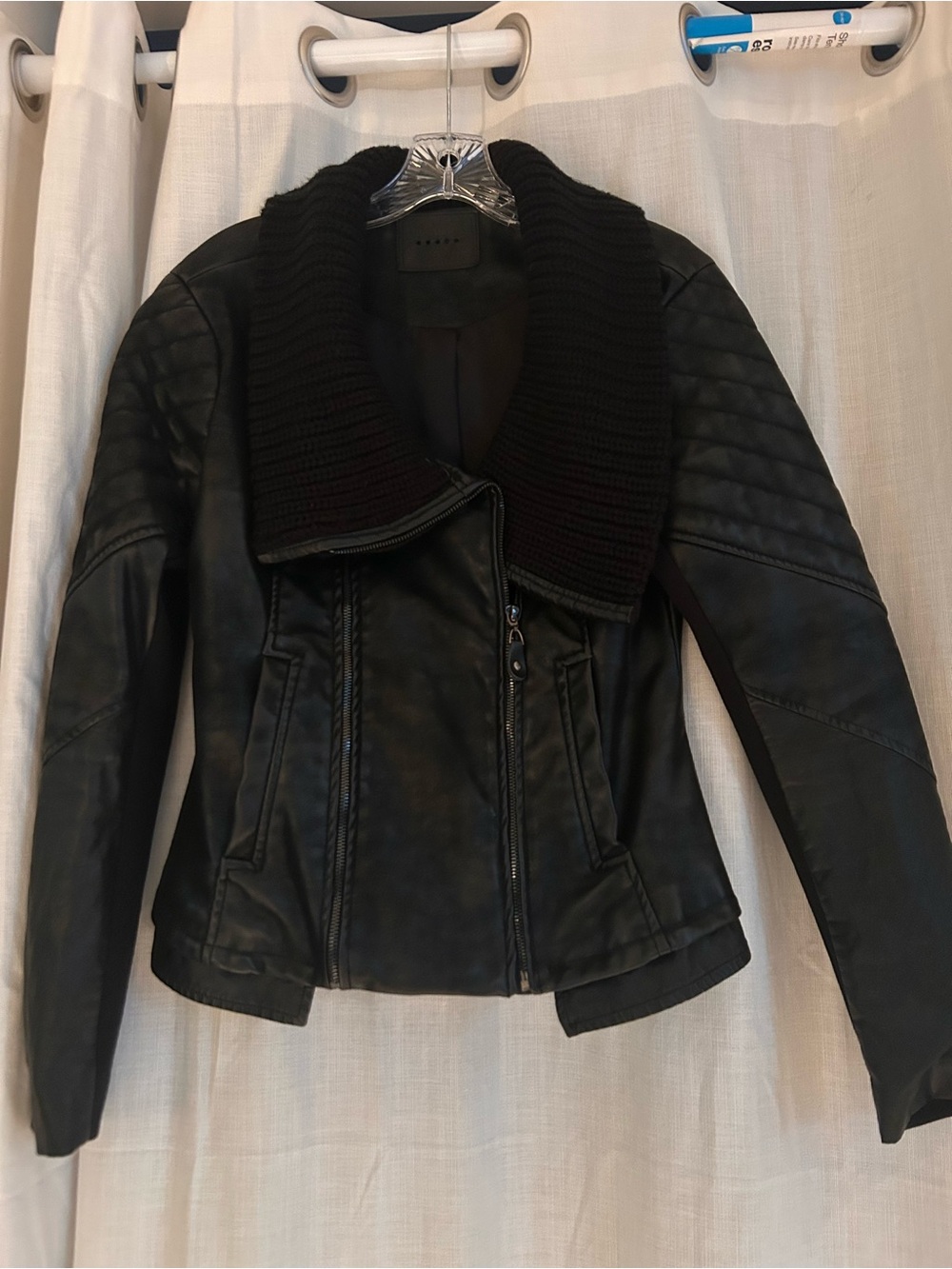 Blank NYC Black Faux Leather Jacket with Knit Shawl Collar